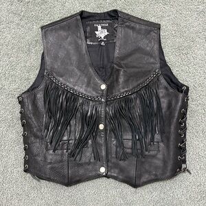 Vintage leather black fringe “Lady Rider” patch biker vest women’s small